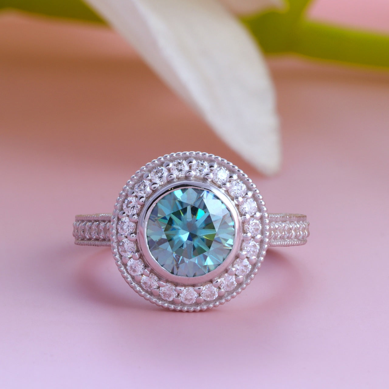 Round Solitaire Bezel Set 2.50 Ct. Green Moissanite Engagement Ring in 925 Silver by Black Jack