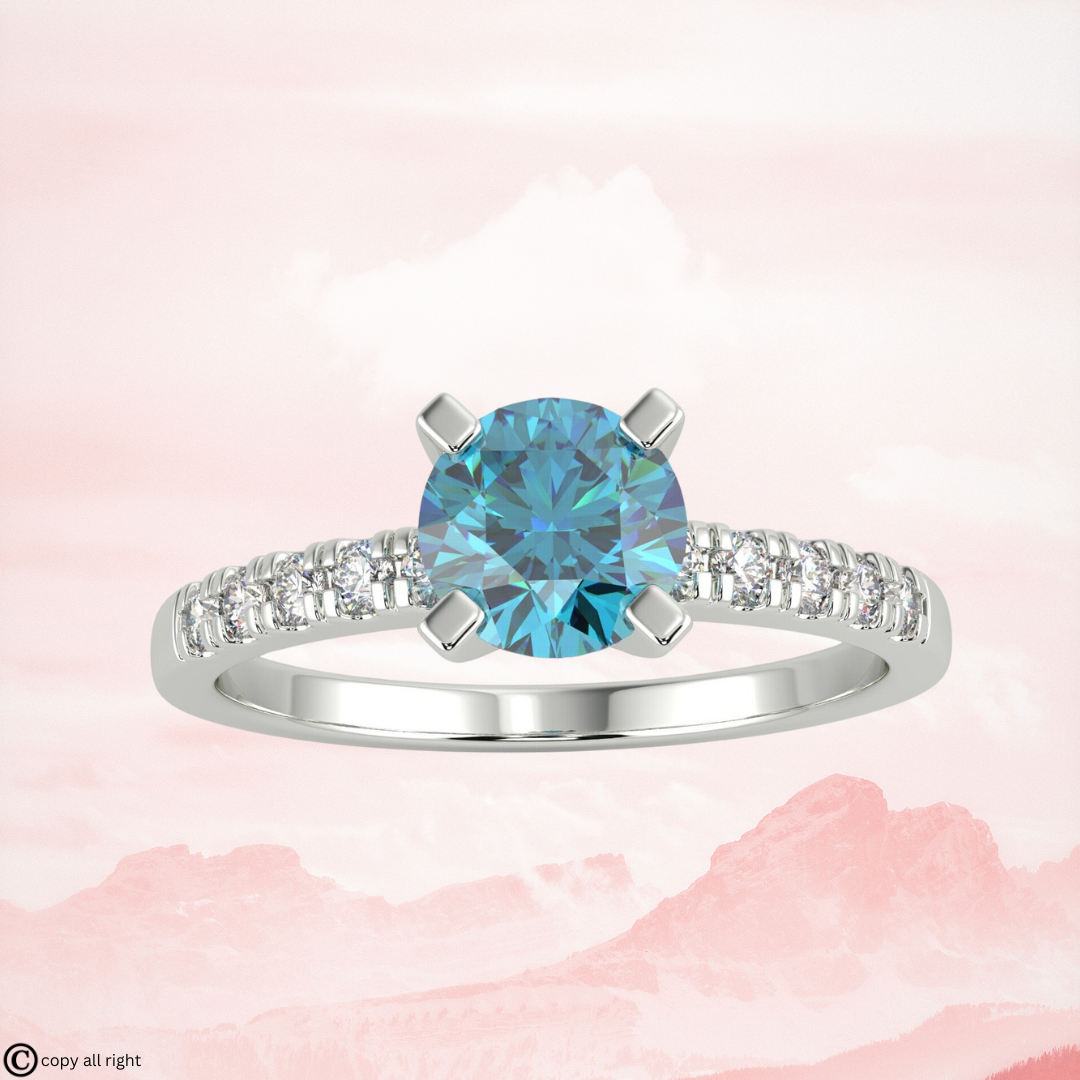 1.50 Ct Round Shape Fancy Blue Lab Grown Diamond Engagement Rings in 14K White Gold