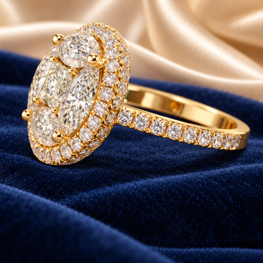 3.00 Ct Multi-Stone Halo Ring with Princess & Marquise Cut Center Diamonds and Round Side Diamonds – Custom Memory Diamond Ring from Personal Carbon in 14K Gold