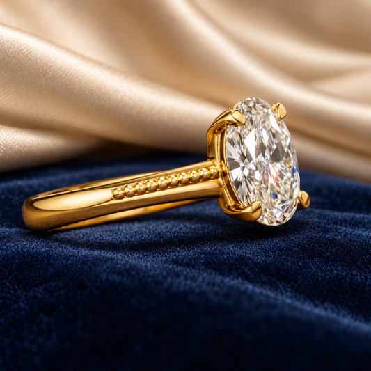 3.00 Ct Beaded Solitaire Oval Cut Memory Diamond Ring – Lab-Grown Diamond from Personal Carbon in 14K Yellow Gold