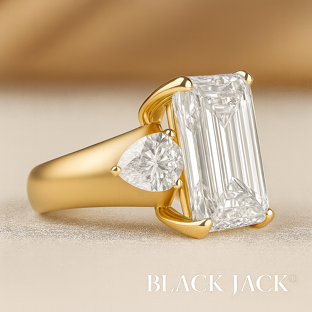 Emerald Radiance Memory Diamond Ring – 5.00ct Total (3.00ct Center + 1.00ct Pear Sides) | 14K Yellow Gold by Black Jack® Memory