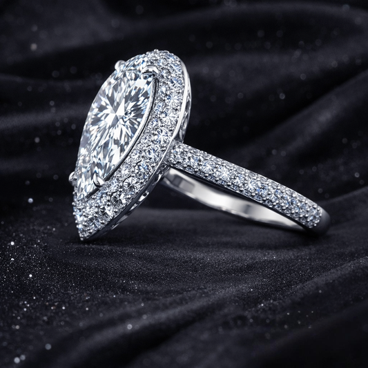 7.30 Carat Total Lab-Grown Diamond Pear Halo Engagement Ring Pavé Band Design in 14K White Gold