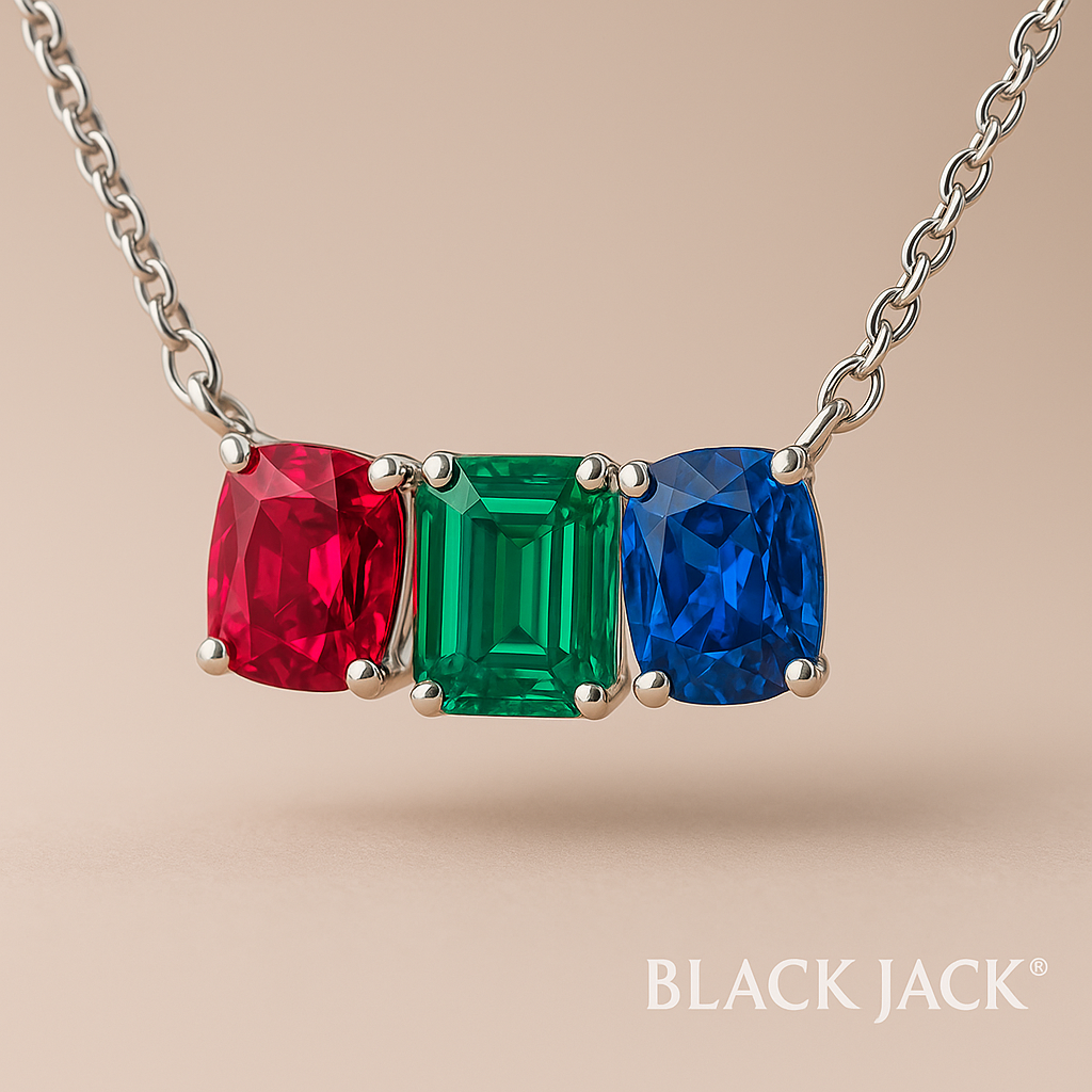 3.00 Ct Emerald, Sapphire & Ruby Three-Stone Bar Pendant Necklace in 925 Sterling Silver Black Jack®