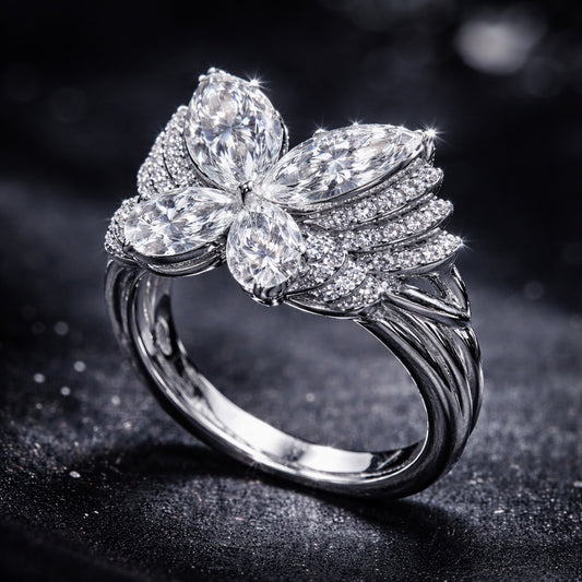 2.80 Ct Butterfly Wing Ring with Marquise & Pear Cut Memory Diamonds and Round Accent Diamonds – Limited Edition Custom Memory Diamond Ring from Personal Carbon in 14K Gold