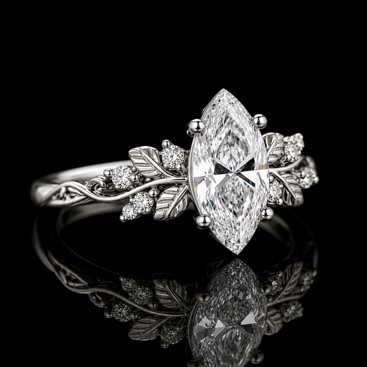 3.00 Ct Hair Diamond Ring Marquise Cut Nature-Inspired Leaf Vine Design in 14K White Gold Black Jack