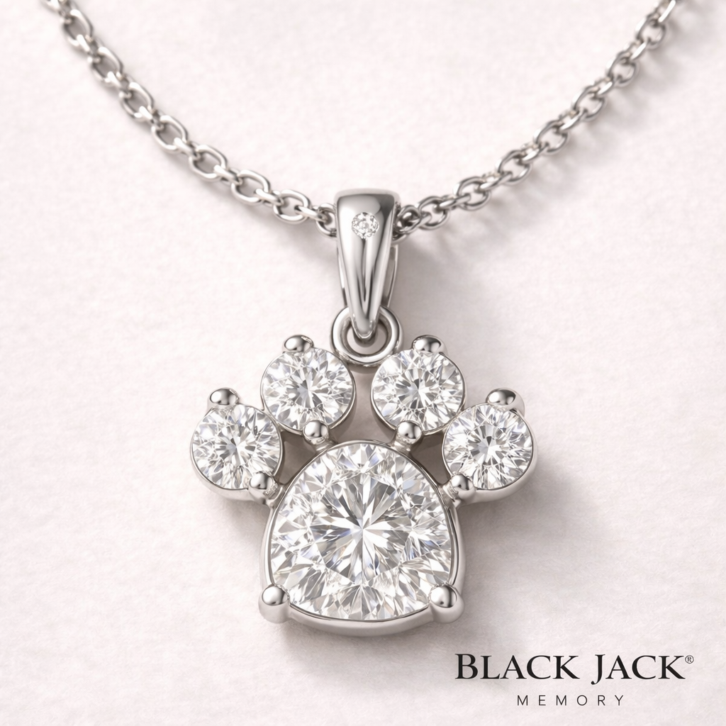 Paw Print Memory Moissanite Pendant Necklace in 925 Sterling Silver | 1.00 Ct Center Stone | Pet Memorial Jewelry Gift with Chain