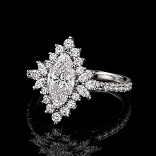 4.00 Ct Keepsake Jewelry Marquise Cut Floral Halo Pavé Ring in 14K White Gold Black Jack