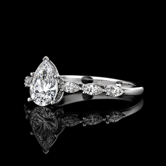 2.00 Ct Hair to Diamond Pear Cut Marquise Leaf Side Stone Ring in 14K White Gold Black Jack