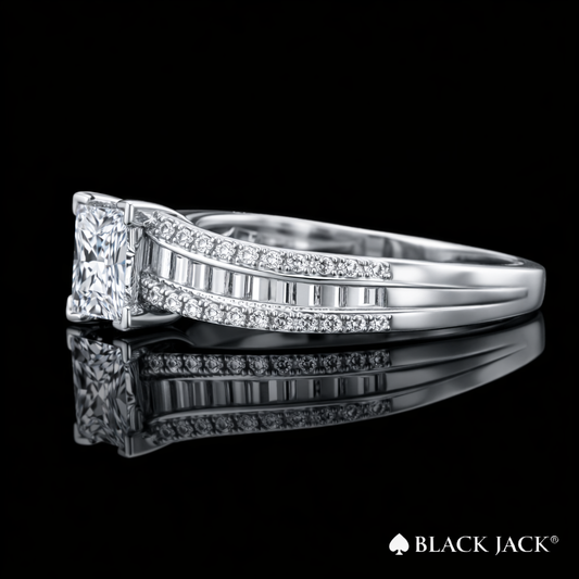 2.75 Carat Princess Cut Moissanite Baguette & Pavé Engagement Ring in 925 Sterling Silver