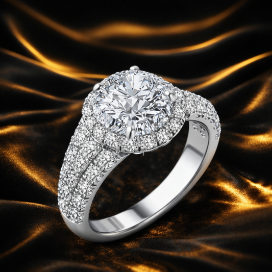 6.20 Carat Total Lab-Grown Diamond Halo Pavé Shoulder Solitaire Engagement Ring Round Brilliant in 14K White Gold
