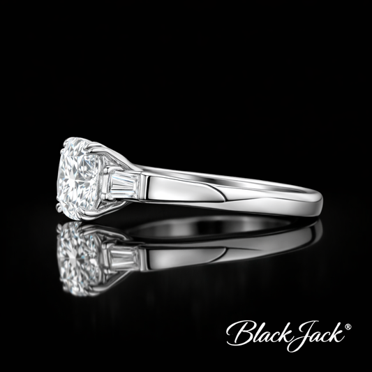 1.20 CT Cushion Cut Lab Grown Diamond Three-Stone Engagement Ring 14K White Gold Plated Black Jack®