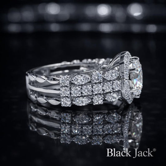 3.50 Ct Halo Bridal Set Cremation Diamond Ring in 14K White Gold Engagement Ring Black Jack
