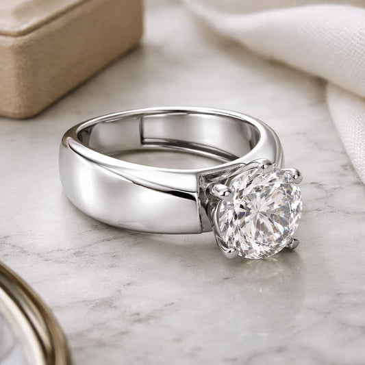 2.50 Carat Round Cut Moissanite Modern Wide Band Solitaire Engagement Ring in 925 Sterling Silver