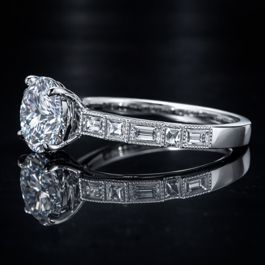 6.20 Ct Round Cut Lab Grown Diamond Engagement Ring with Baguette & Round Side Stones in 14K Gold – IGI Certified Black Jack®