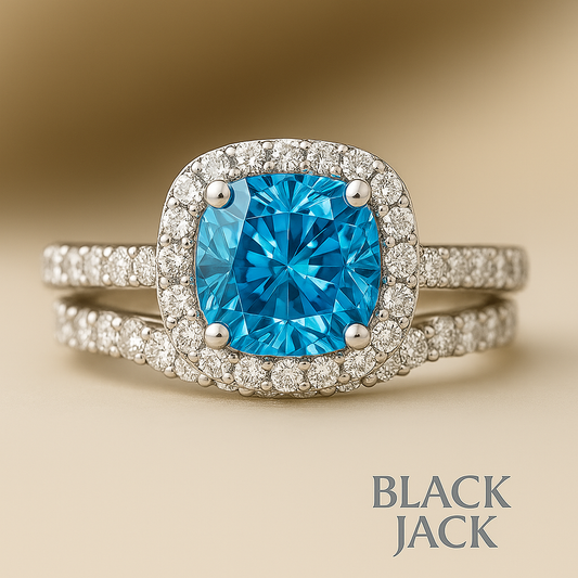 1.00 CT Cushion Blue Memory Diamond Wedding Ring Set – Men’s Hair to Lab Grown Diamond for Bride | Halo & Side Diamond Bridal Ring | Black Jack®