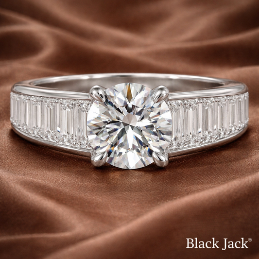 2.00 CT Round Lab Grown Diamond Engagement Ring with Baguette Side Stones  IGI Certified  14K White Gold