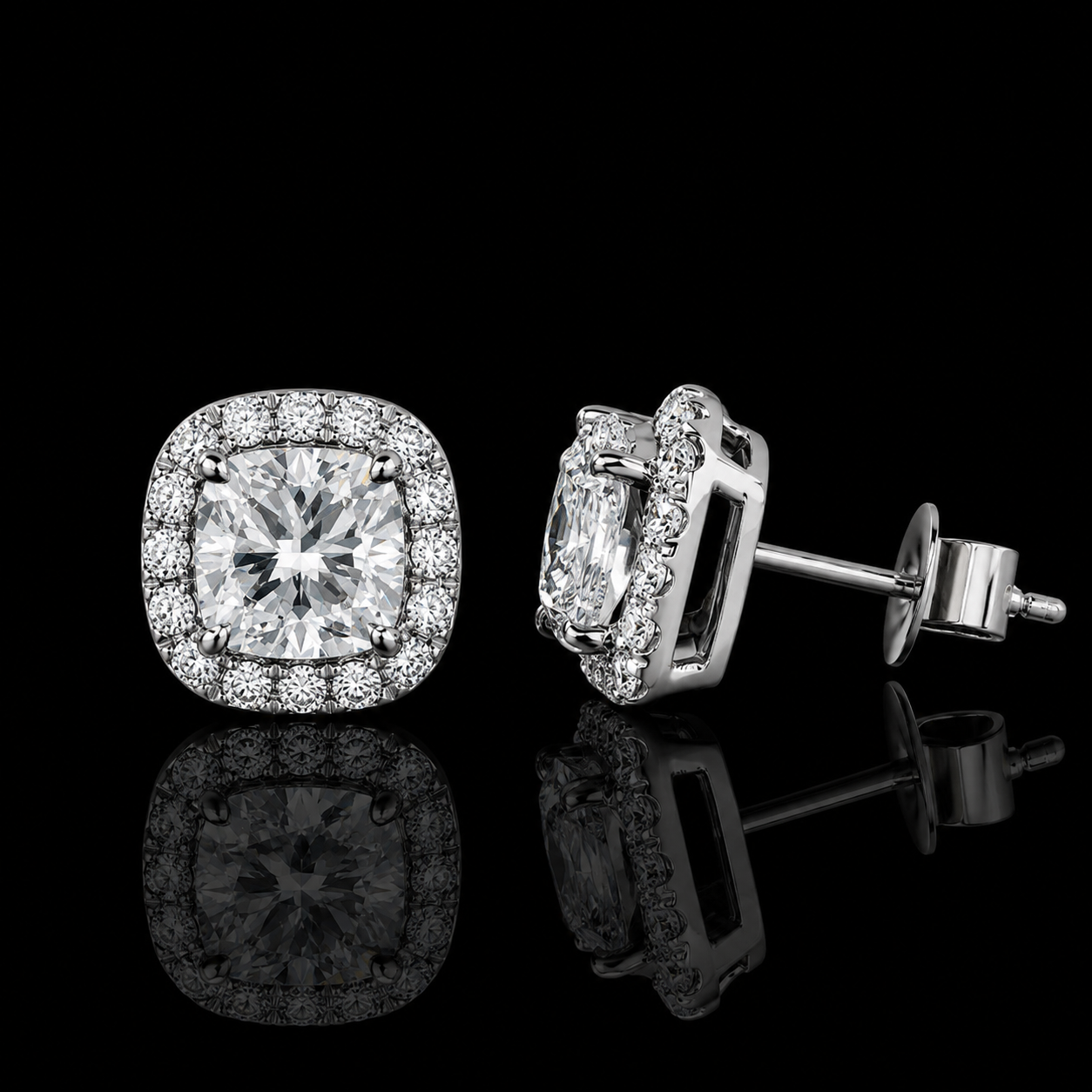 2.20 Ct Memory Diamond Cushion Halo Stud Earrings Pet Cremation Diamond 14K White Gold Memorial Jewelry Black Jack