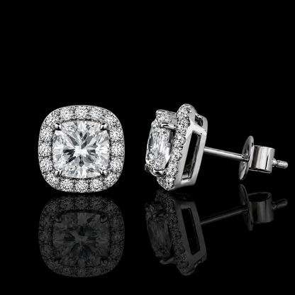 2.20 Ct Memory Diamond Cushion Halo Stud Earrings Pet Cremation Diamond 14K White Gold Memorial Jewelry Black Jack