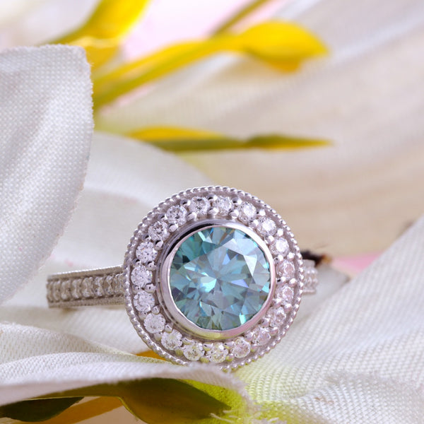 Round Solitaire Bezel Set 2.50 Ct. Green Moissanite Engagement Ring in 925 Silver by Black Jack