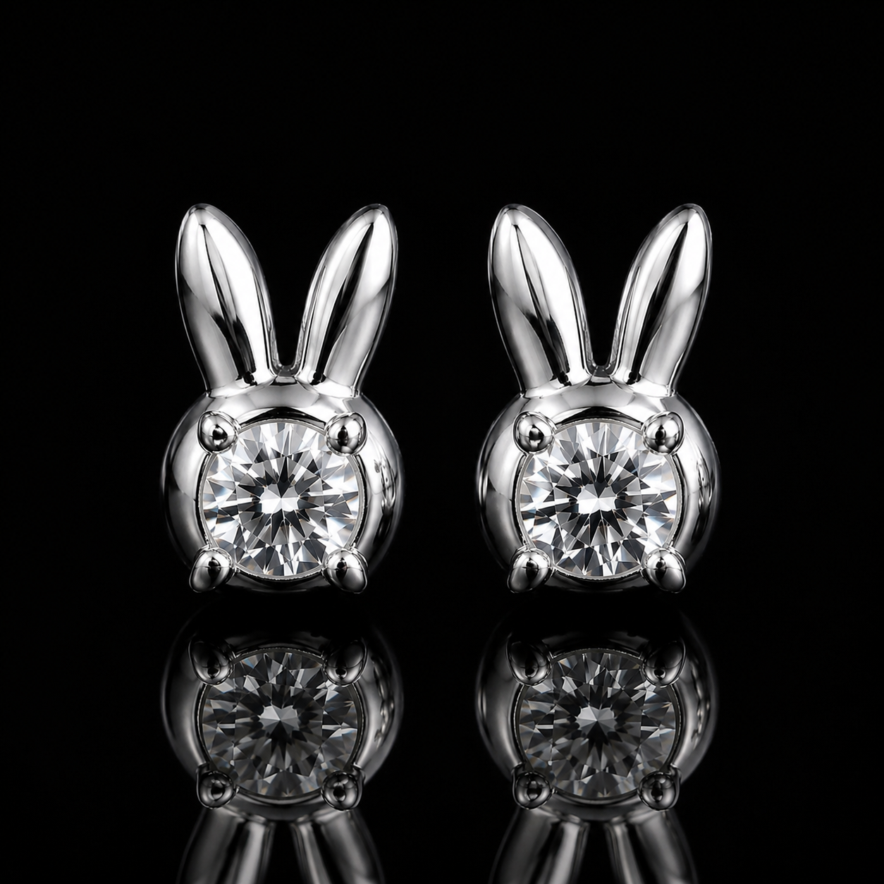 2.00 Ct Memory Diamond Bunny Rabbit Stud Earrings IGI Certified Pet Cremation Jewelry 14K White Gold Memorial Earrings Black Jack