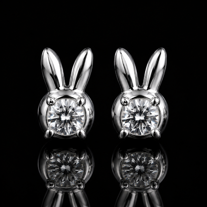 2.00 Ct Memory Diamond Bunny Rabbit Stud Earrings IGI Certified Pet Cremation Jewelry 14K White Gold Memorial Earrings Black Jack