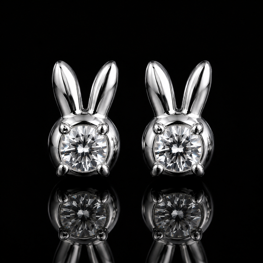 2.00 Ct Memory Diamond Bunny Rabbit Stud Earrings IGI Certified Pet Cremation Jewelry 14K White Gold Memorial Earrings Black Jack
