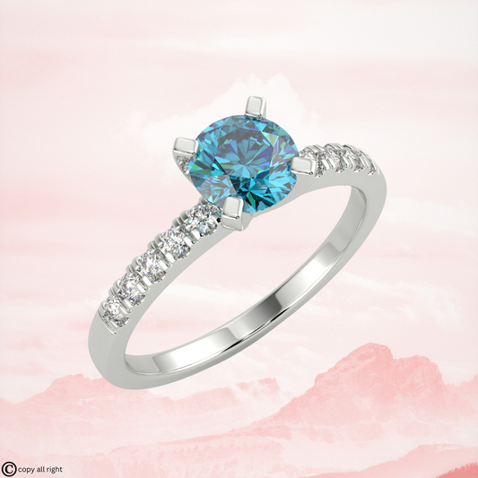 1.50 Ct Round Shape Fancy Blue Lab Grown Diamond Engagement Rings in 14K White Gold