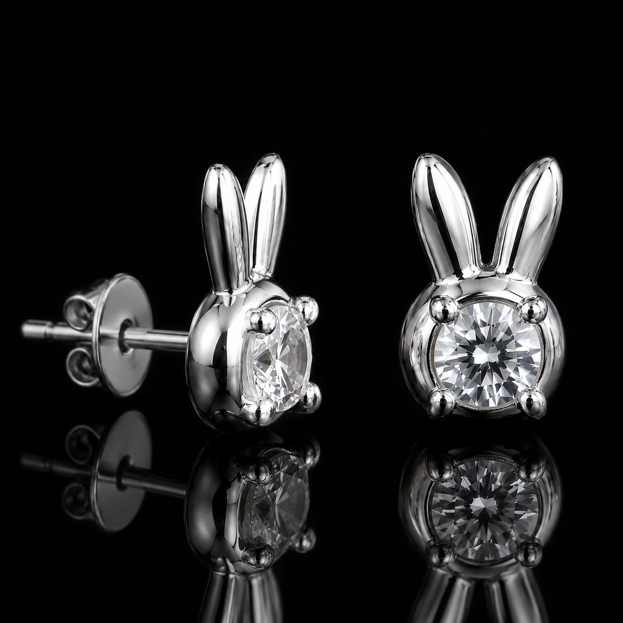 2.00 Ct Memory Diamond Bunny Rabbit Stud Earrings IGI Certified Pet Cremation Jewelry 14K White Gold Memorial Earrings Black Jack