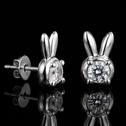 2.00 Ct Memory Diamond Bunny Rabbit Stud Earrings IGI Certified Pet Cremation Jewelry 14K White Gold Memorial Earrings Black Jack