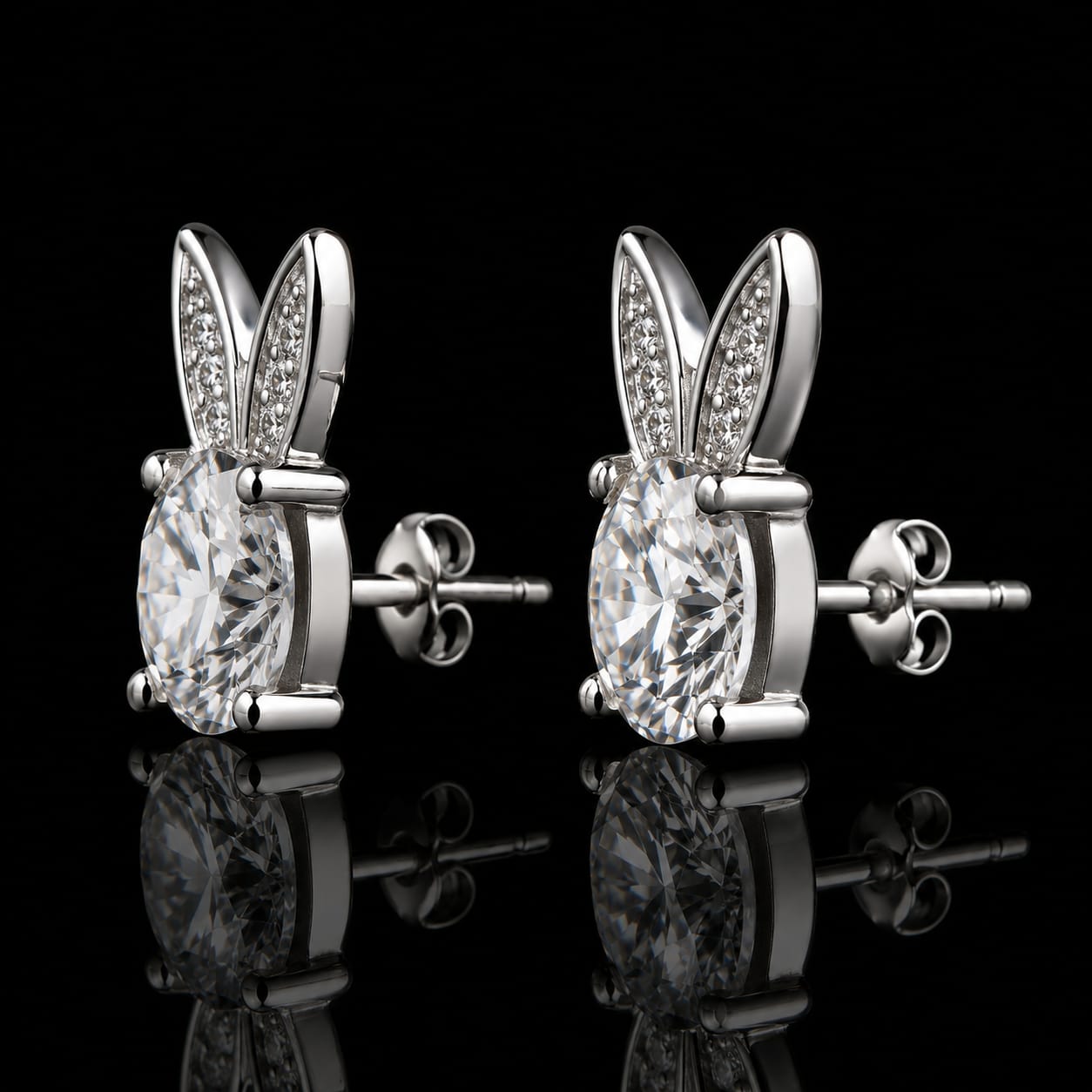 4.12 Ct Pet Memorial Diamond Bunny Ear Stud Earrings 14K White Gold Pet Ashes Jewelry Black Jack