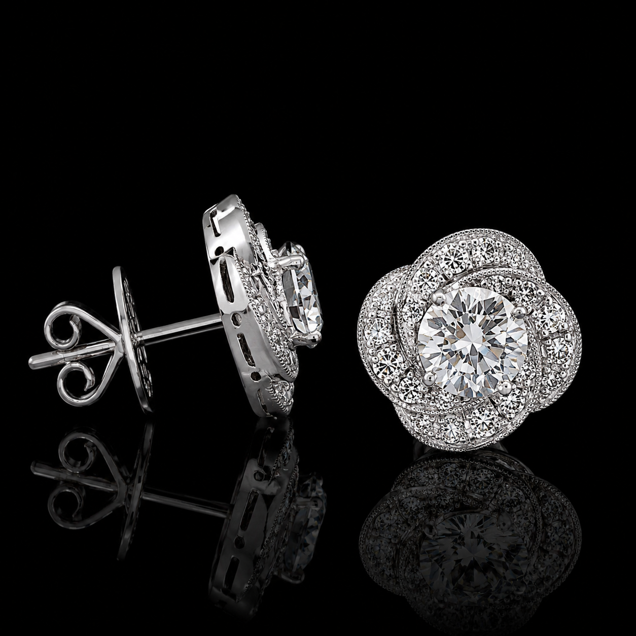 1.80 Ct Memorial Diamond Flower Halo Stud Earrings Pet Ashes Jewelry 14K White Gold Remembrance Gift Black Jack