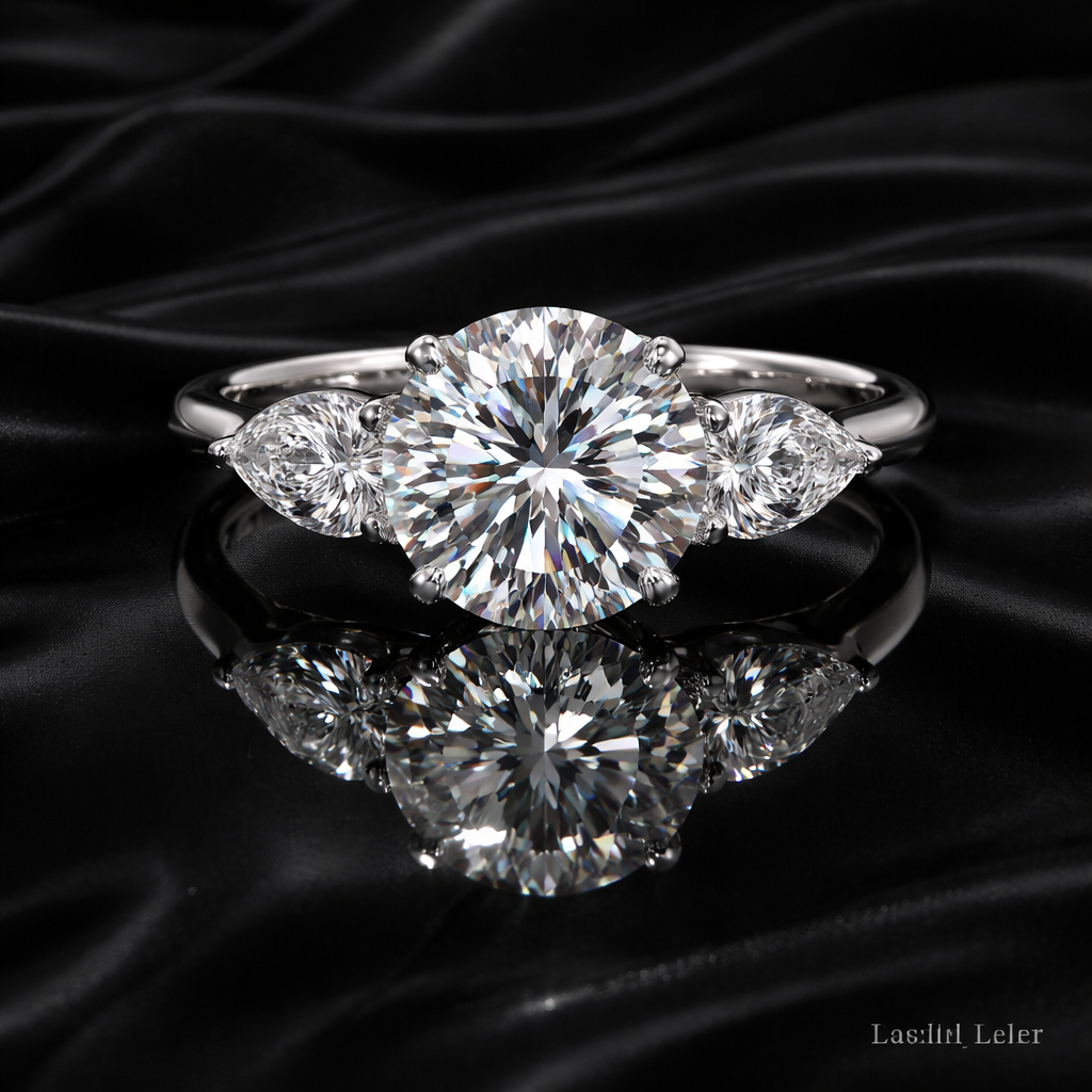 Round Cut with Pear Side Stones Diamond Three Stone memorial jewelry Ring