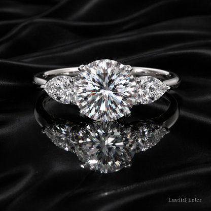 Round Cut with Pear Side Stones Diamond Three Stone memorial jewelry Ring