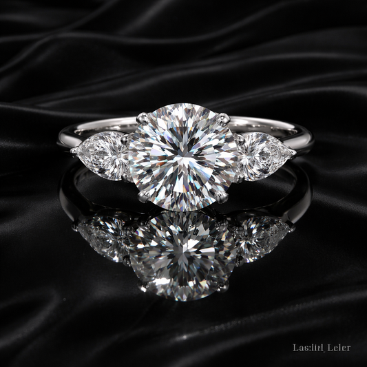 Round Cut with Pear Side Stones Diamond Three Stone memorial jewelry Ring