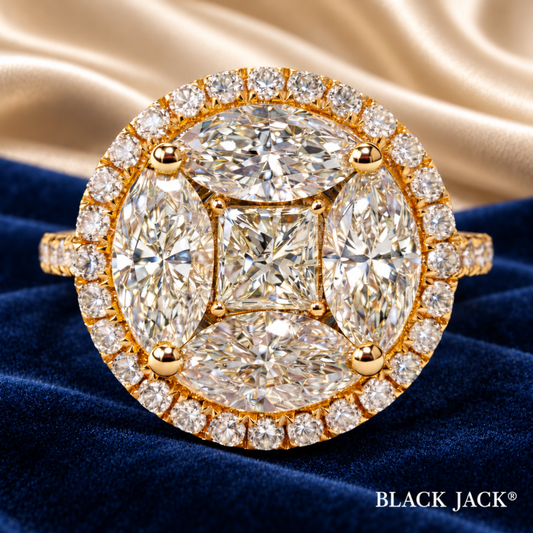 3.00 Ct Multi-Stone Halo Ring with Princess & Marquise Cut Center Diamonds and Round Side Diamonds – Custom Memory Diamond Ring from Personal Carbon in 14K Gold