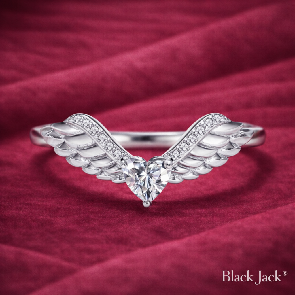 Angel Wings Memory Diamond Ring – Heart Shape Ashes to Diamond | Pet & Human Memorial | 14K White Gold | Black Jack® Memory