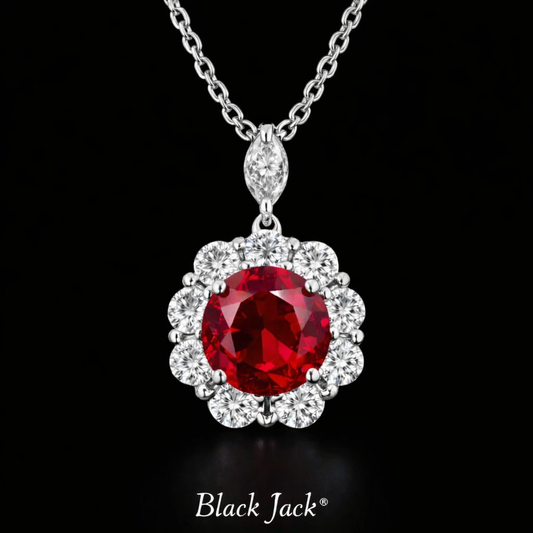 2.90 Carat Round Cut Ruby & Moissanite Floral Halo Pendant in 925 Sterling Silver