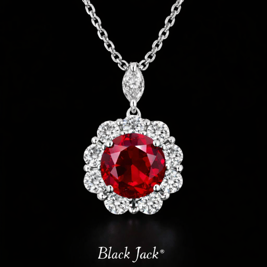 4.20 Carat Round Cut Ruby & Moissanite Floral Halo Pendant in 925 Sterling Silver