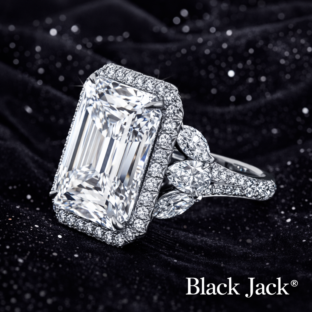 8.50 Carat Lab-Grown Diamond Halo Engagement Ring Emerald Cut with Pavé Band in 14K White Gold IGI Certified