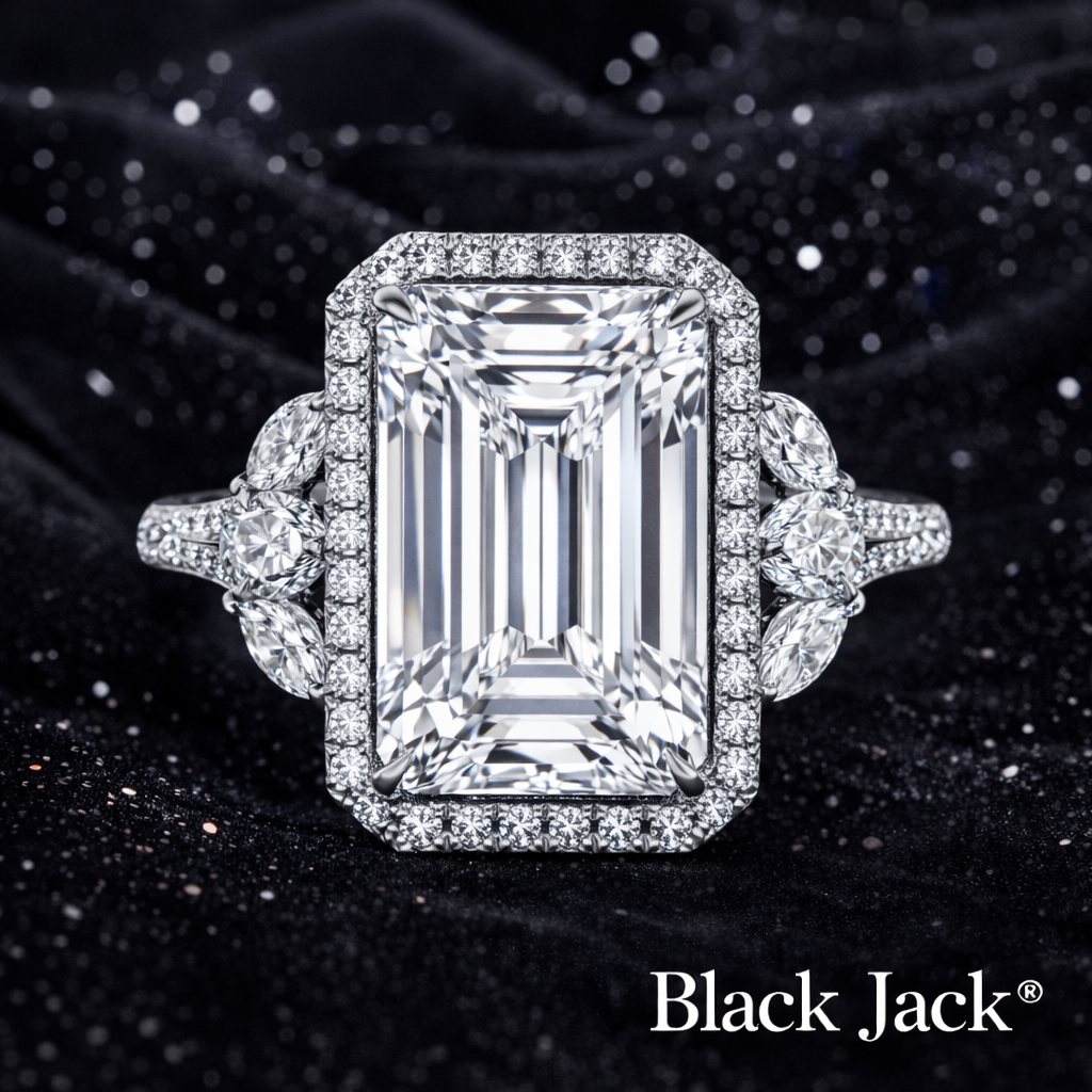 8.50 Carat Lab-Grown Diamond Halo Engagement Ring Emerald Cut with Pavé Band in 14K White Gold IGI Certified