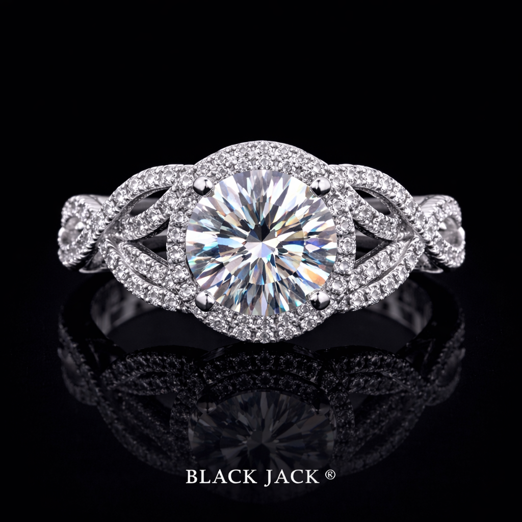 Round Halo Infinity Moissanite Memory Ring – 3.90–4.10 Ct Total | Human & Pet Ashes in 14K White Gold | Black Jack®