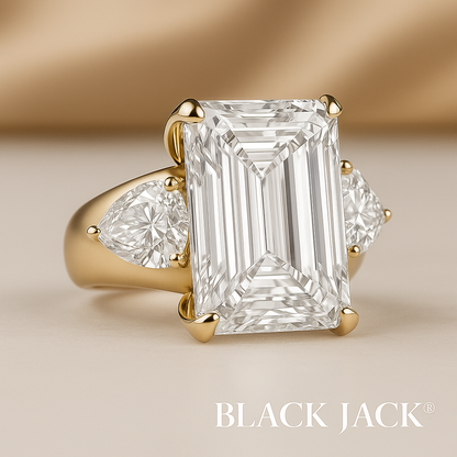 Emerald Radiance Memory Diamond Ring – 5.00ct Total (3.00ct Center + 1.00ct Pear Sides) | 14K Yellow Gold by Black Jack® Memory