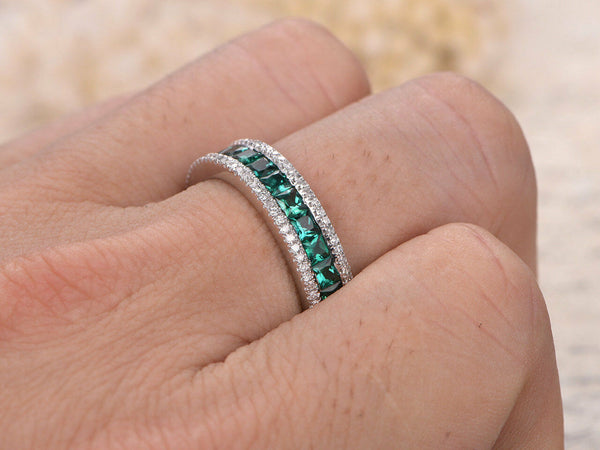 Princess Shape Green Emerald & Round Moissanite Wedding Bands by Black Jack