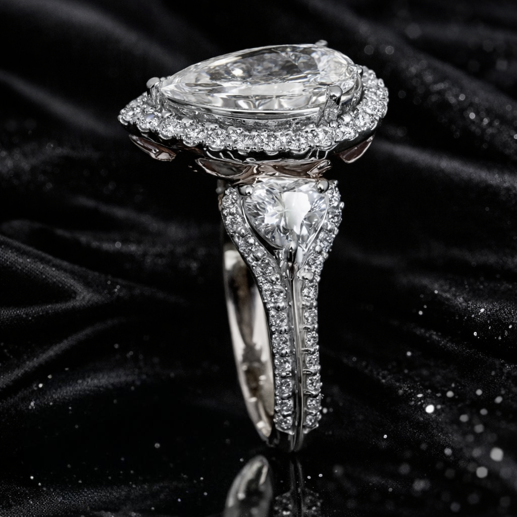 5.20 Carat Lab-Grown Diamond Pear Halo Engagement Ring – Pear Cut in 14K White Gold