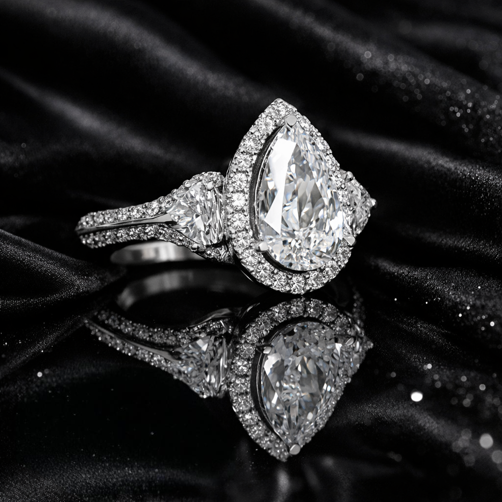 5.20 Carat Lab-Grown Diamond Pear Halo Engagement Ring – Pear Cut in 14K White Gold