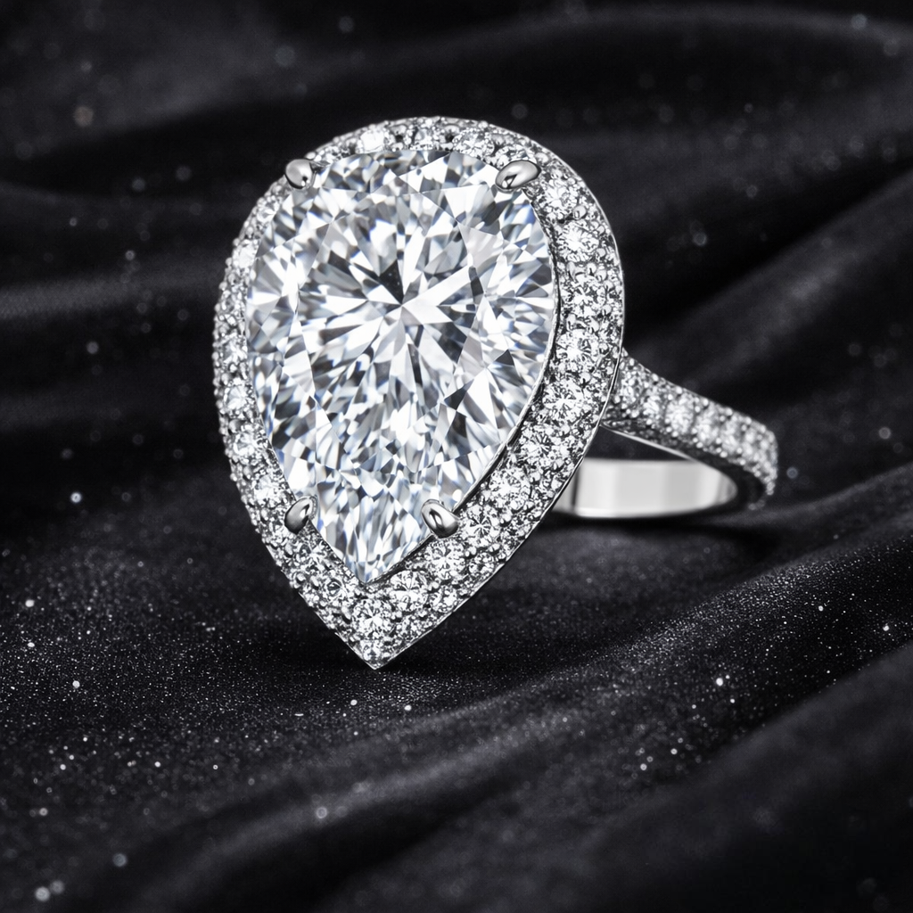 7.30 Carat Total Lab-Grown Diamond Pear Halo Engagement Ring Pavé Band Design in 14K White Gold