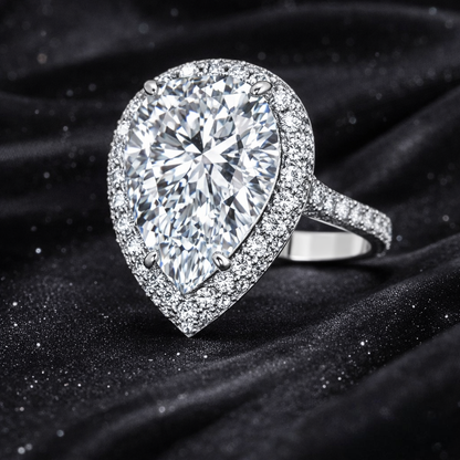 7.30 Carat Total Lab-Grown Diamond Pear Halo Engagement Ring Pavé Band Design in 14K White Gold