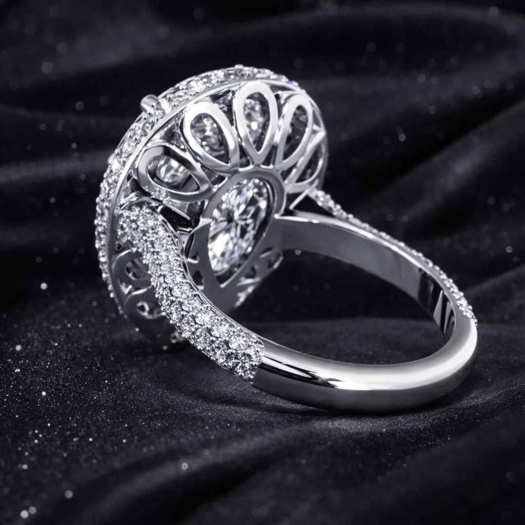 7.30 Carat Total Lab-Grown Diamond Pear Halo Engagement Ring Pavé Band Design in 14K White Gold