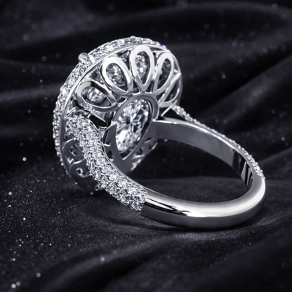 7.30 Carat Total Lab-Grown Diamond Pear Halo Engagement Ring Pavé Band Design in 14K White Gold