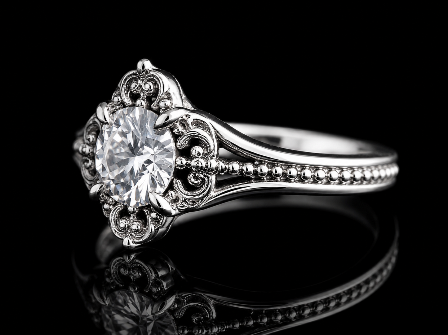 2.00 Ct Vintage Filigree Memorial Diamond Engagement Ring in 14K White Gold Hair Diamond Ring Black Jack